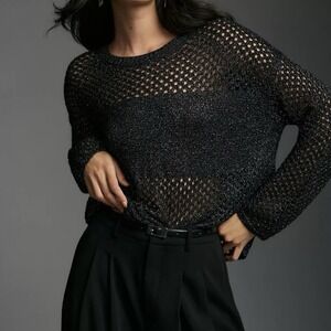 Anthropologie Pilcro Sweater Open Stitch Black XL Metallic Whimsigoth Mesh Punk